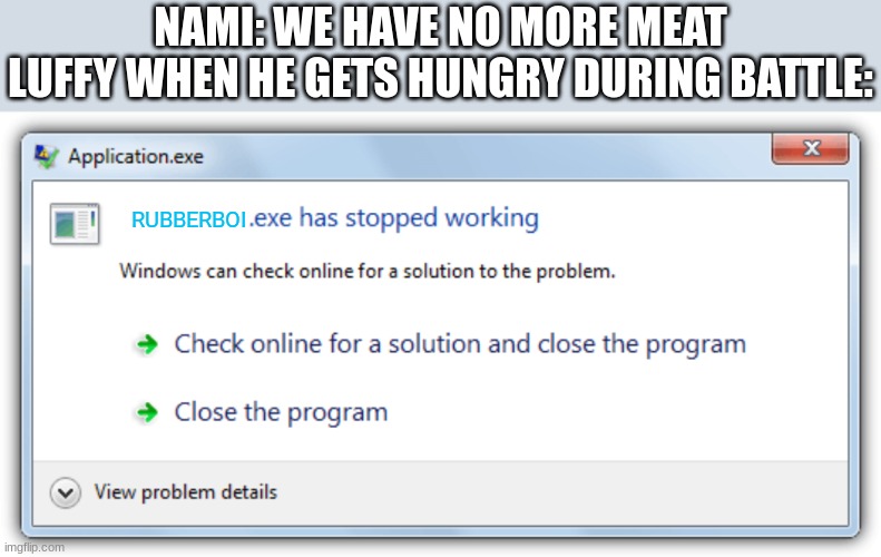 no food = no brain | NAMI: WE HAVE NO MORE MEAT
LUFFY WHEN HE GETS HUNGRY DURING BATTLE:; RUBBERBOI | image tagged in exe has stopped working | made w/ Imgflip meme maker