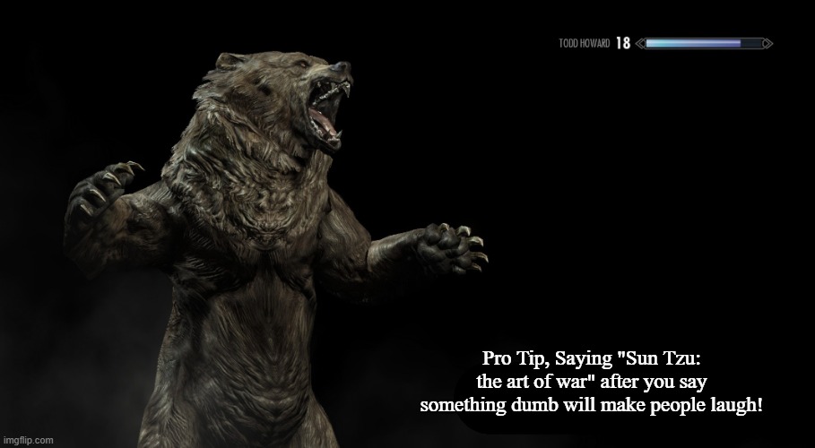 Pro tip! | Pro Tip, Saying "Sun Tzu: the art of war" after you say something dumb will make people laugh! | image tagged in skyrim loading screen tip | made w/ Imgflip meme maker