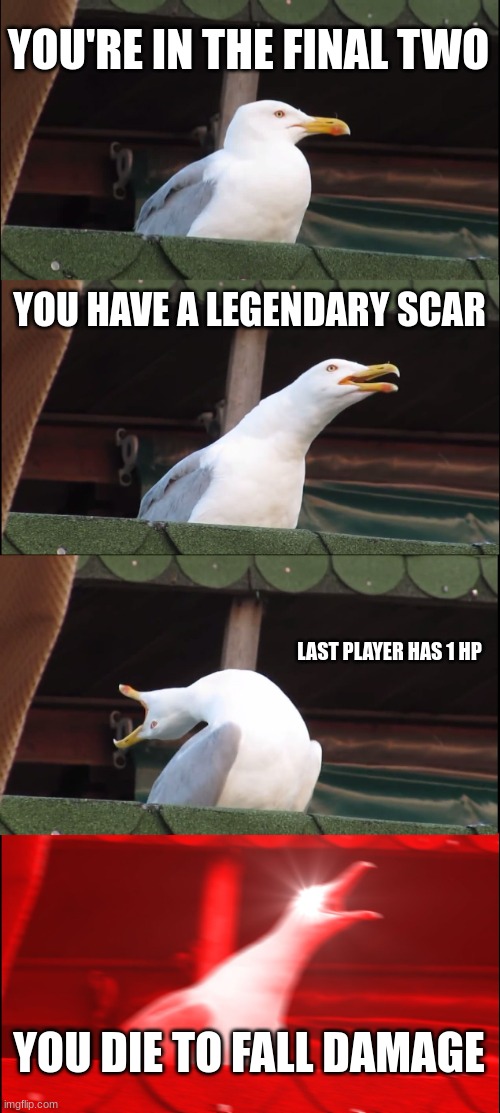 fort all nite | YOU'RE IN THE FINAL TWO; YOU HAVE A LEGENDARY SCAR; LAST PLAYER HAS 1 HP; YOU DIE TO FALL DAMAGE | image tagged in memes,inhaling seagull | made w/ Imgflip meme maker