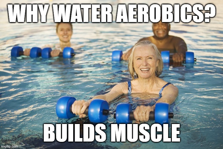 water aerobics | WHY WATER AEROBICS? BUILDS MUSCLE | image tagged in build muscle,mental health | made w/ Imgflip meme maker