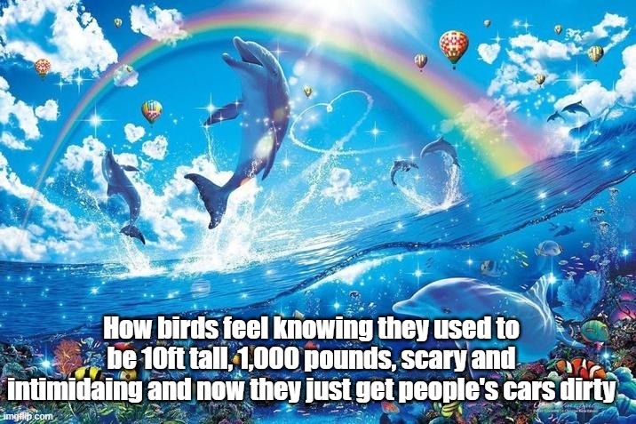 Evolution meme | How birds feel knowing they used to be 10ft tall, 1,000 pounds, scary and intimidaing and now they just get people's cars dirty | image tagged in happy dolphin rainbow | made w/ Imgflip meme maker