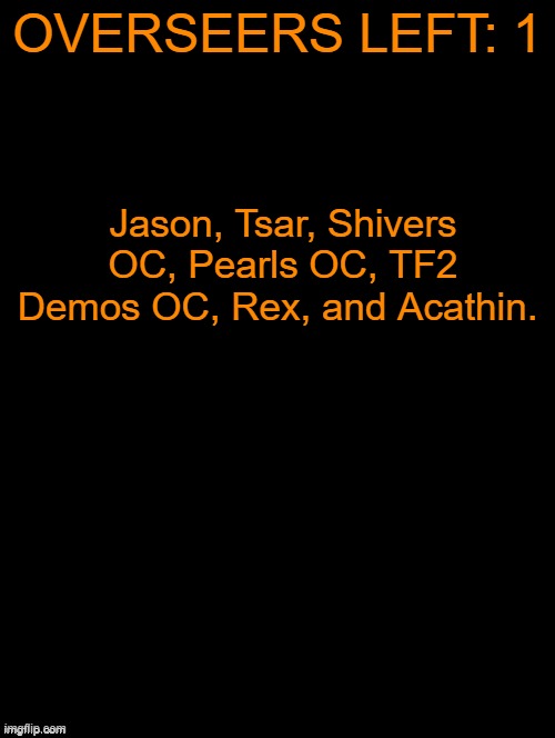 ONE MORE SPOT OPEN! PUT YOUR OCS IN THE COMMENTS AND I SHALL DECIDE! | OVERSEERS LEFT: 1; Jason, Tsar, Shivers OC, Pearls OC, TF2 Demos OC, Rex, and Acathin. | image tagged in double long black template | made w/ Imgflip meme maker