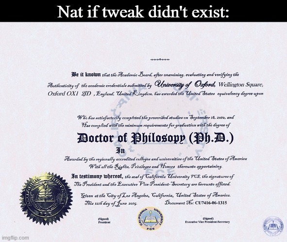 PhD Certificate | Nat if tweak didn't exist: | image tagged in phd certificate | made w/ Imgflip meme maker