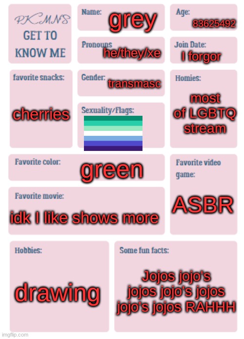 I feel like I've done this alr | 83625492; grey; he/they/xe; I forgor; transmasc; most of LGBTQ stream; cherries; green; ASBR; idk I like shows more; drawing; Jojos jojo's jojos jojo's jojos jojo's jojos RAHHH | image tagged in pkmn's get to know me | made w/ Imgflip meme maker