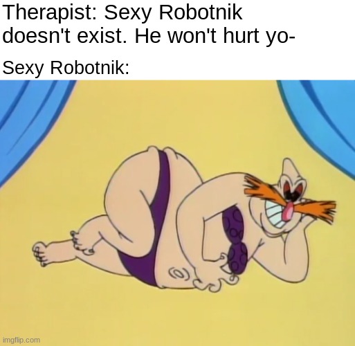 Do note this scene is from an actual episode of AOSTH.mp3 | Therapist: Sexy Robotnik doesn't exist. He won't hurt yo-; Sexy Robotnik: | image tagged in pingas | made w/ Imgflip meme maker