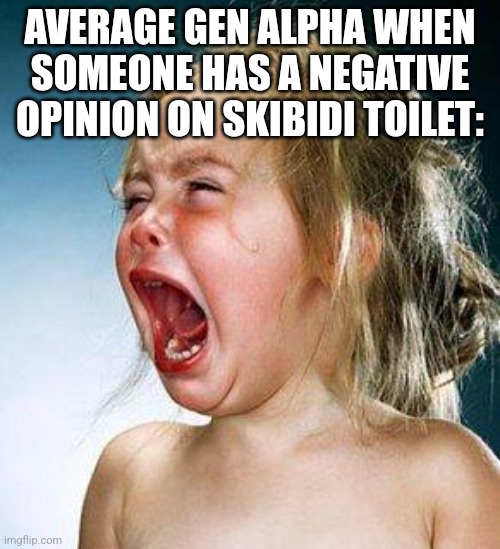 Noice | AVERAGE GEN ALPHA WHEN SOMEONE HAS A NEGATIVE OPINION ON SKIBIDI TOILET: | image tagged in crying girl | made w/ Imgflip meme maker