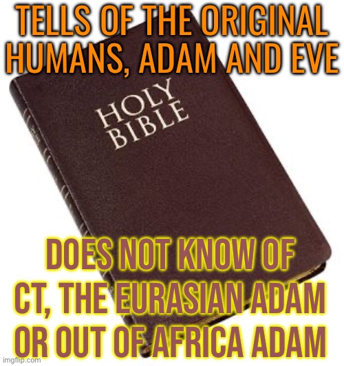 Tells Of The Original Humans, Adam And Eve; Does Not Know Of CT, The Eurasian Adam Or Out Of Africa Adam | TELLS OF THE ORIGINAL HUMANS, ADAM AND EVE; DOES NOT KNOW OF CT, THE EURASIAN ADAM
OR OUT OF AFRICA ADAM | image tagged in holy bible,dna,religion,god religion universe,genetics,adam and eve | made w/ Imgflip meme maker