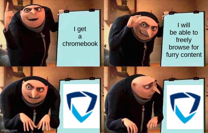 Gru's Plan | I get a chromebook; I will be able to freely browse for furry content | image tagged in memes,gru's plan | made w/ Imgflip meme maker