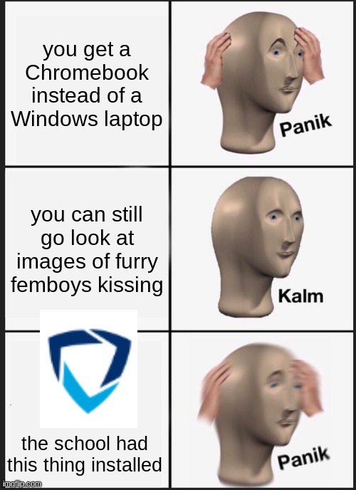 Panik Kalm Panik | you get a Chromebook instead of a Windows laptop; you can still go look at images of furry femboys kissing; the school had this thing installed | image tagged in memes,panik kalm panik | made w/ Imgflip meme maker