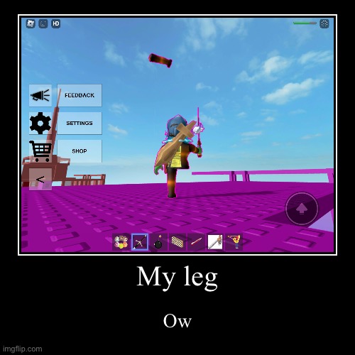 Took this in modded doomspire | My leg | Ow | image tagged in funny,demotivationals | made w/ Imgflip demotivational maker