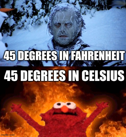 Texas is 45 degrees celcius | 45 DEGREES IN FAHRENHEIT; 45 DEGREES IN CELSIUS | image tagged in freezing cold,elmo fire,cold,hot,funny,trending | made w/ Imgflip meme maker