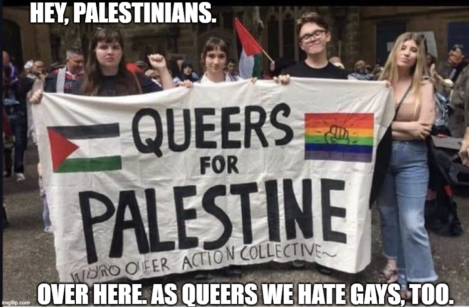 Queers Hate Gays, Too | HEY, PALESTINIANS. OVER HERE. AS QUEERS WE HATE GAYS, TOO. | image tagged in queers for palestine | made w/ Imgflip meme maker