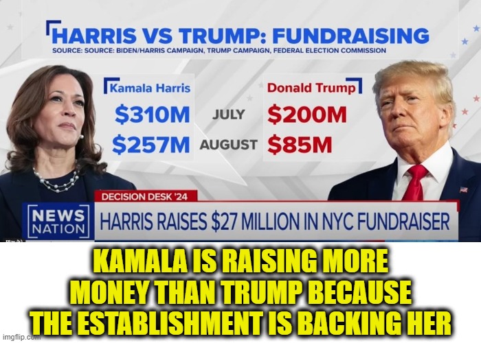 Vote for Kamala and the new world order! | KAMALA IS RAISING MORE
MONEY THAN TRUMP BECAUSE
THE ESTABLISHMENT IS BACKING HER | image tagged in kamala harris | made w/ Imgflip meme maker
