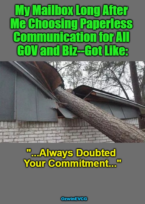 Always . . . Commitment | My Mailbox Long After 

Me Choosing Paperless 

Communication for All 

GOV and Biz--Got Like:; "...Always Doubted 

Your Commitment..."; OzwinEVCG | image tagged in dank yet relatable,visible confusion and frustration,communication breakdown,tree keeps hitting house,you keep using that word | made w/ Imgflip meme maker