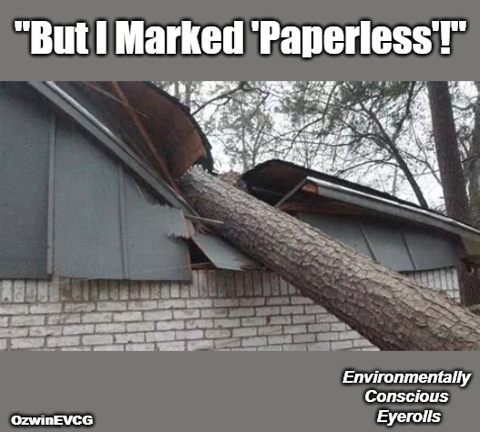 Environmentally Conscious Eyerolls | "But I Marked 'Paperless'!"; Environmentally 

Conscious 

Eyerolls; OzwinEVCG | image tagged in man vs nature,save the earth,email,paper,you must choose,options | made w/ Imgflip meme maker