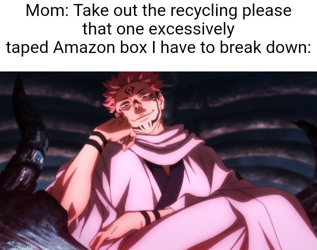 NOOOOO | Mom: Take out the recycling please
that one excessively taped Amazon box I have to break down: | image tagged in sukuna on throne | made w/ Imgflip meme maker