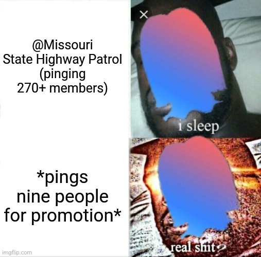 Wick bot is funny sometimes | @Missouri State Highway Patrol
(pinging 270+ members); *pings nine people for promotion* | image tagged in memes,discord,sleeping shaq | made w/ Imgflip meme maker