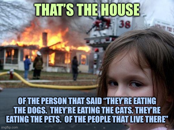 Disaster Girl | THAT’S THE HOUSE; OF THE PERSON THAT SAID “THEY’RE EATING THE DOGS.  THEY’RE EATING THE CATS. THEY’RE EATING THE PETS.  OF THE PEOPLE THAT LIVE THERE” | image tagged in memes,disaster girl | made w/ Imgflip meme maker