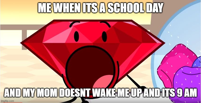 BFDI Ruby | ME WHEN ITS A SCHOOL DAY; AND MY MOM DOESNT WAKE ME UP AND ITS 9 AM | image tagged in bfdi ruby | made w/ Imgflip meme maker