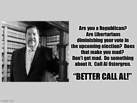 Gray Blank | Are you a Republican?  Are Libertarians diminishing your vote in the upcoming election?  Does that make you mad?  Don’t get mad.  Do something about it.  Call Al Ostergren. “BETTER CALL AL!” | image tagged in gray blank | made w/ Imgflip meme maker