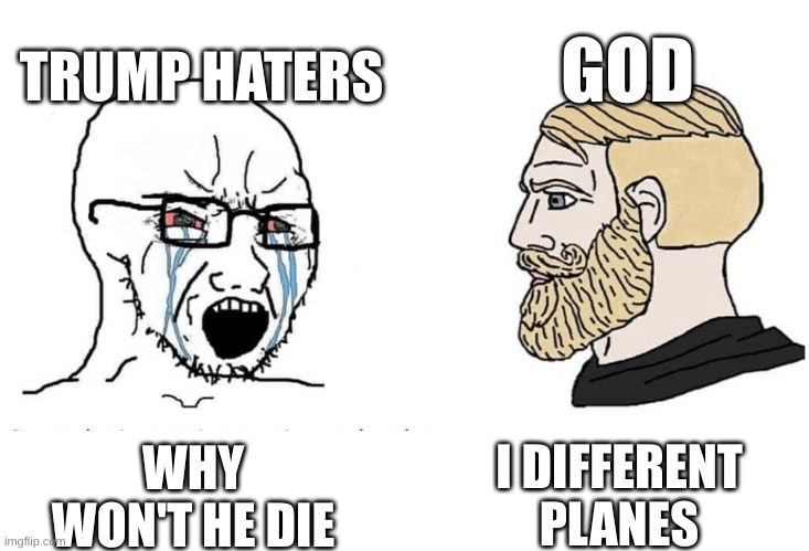 Soyboy Vs Yes Chad | GOD; TRUMP HATERS; I DIFFERENT PLANES; WHY WON'T HE DIE | image tagged in soyboy vs yes chad | made w/ Imgflip meme maker