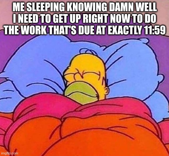 my situation right now | ME SLEEPING KNOWING DAMN WELL I NEED TO GET UP RIGHT NOW TO DO THE WORK THAT'S DUE AT EXACTLY 11:59 | image tagged in homer simpson sleeping peacefully | made w/ Imgflip meme maker