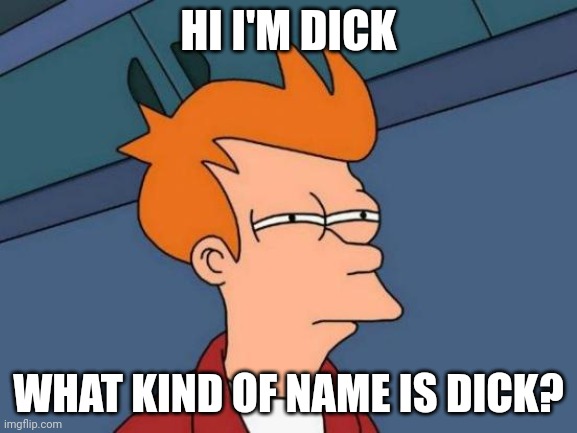 SUS NAME | HI I'M DICK; WHAT KIND OF NAME IS DICK? | image tagged in memes,futurama fry | made w/ Imgflip meme maker