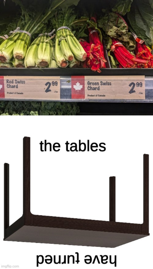 Swiss chard switcheroos | image tagged in the tables have turned,switcheroos,chards,chard,you had one job,memes | made w/ Imgflip meme maker