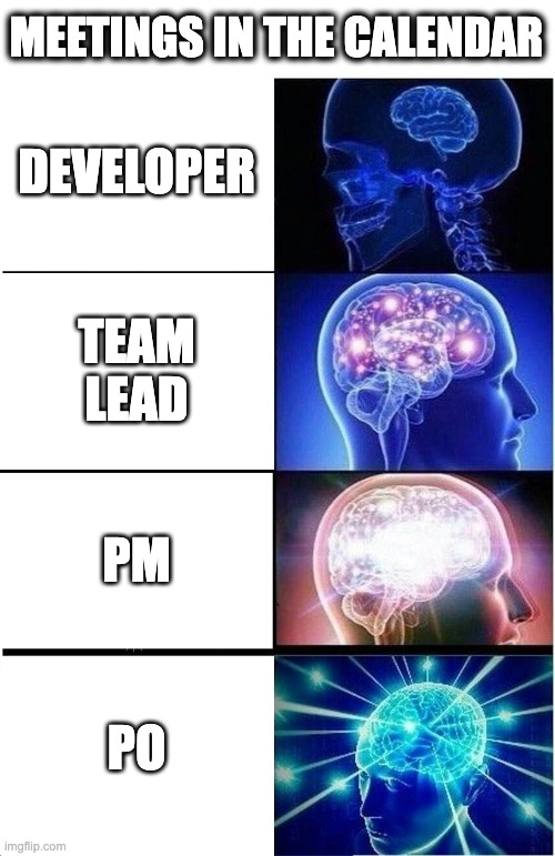 Meetings in the calendar | MEETINGS IN THE CALENDAR; DEVELOPER; TEAM LEAD; PM; PO | image tagged in memes,expanding brain,calendar,meetings | made w/ Imgflip meme maker