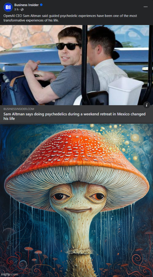 Psychedelics changes lives | image tagged in stoned mushroom,sam altman,psychedelics,drugs | made w/ Imgflip meme maker