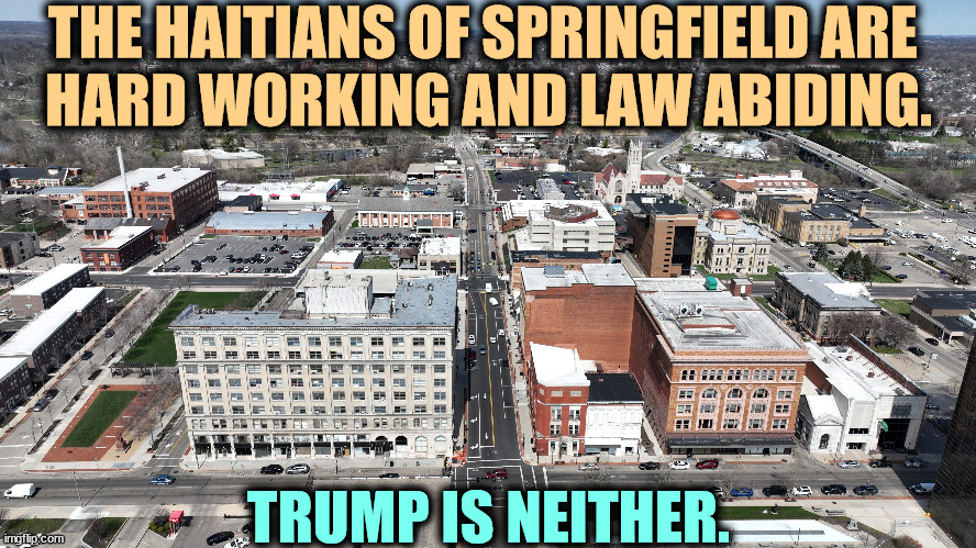 THE HAITIANS OF SPRINGFIELD ARE 
HARD WORKING AND LAW ABIDING. TRUMP IS NEITHER. | image tagged in springfield ohio,haiti,hard work,trump,anti-semite and a racist,neo-nazis | made w/ Imgflip meme maker