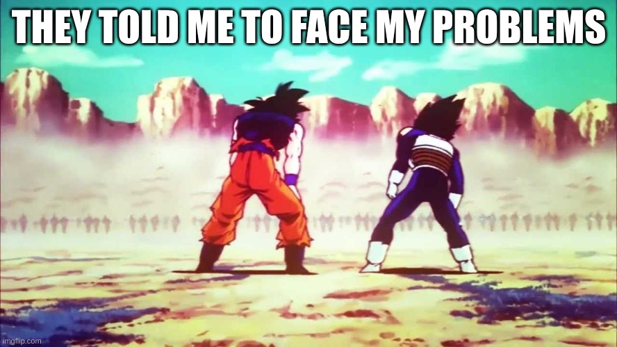 they told me to face my problems | THEY TOLD ME TO FACE MY PROBLEMS | image tagged in goku and vegeta vs cooler army | made w/ Imgflip meme maker