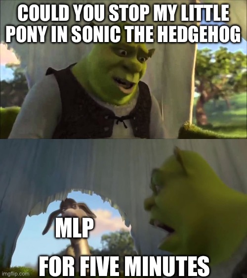 Sonic is no My Little Pony on my point of view | COULD YOU STOP MY LITTLE PONY IN SONIC THE HEDGEHOG; MLP; FOR FIVE MINUTES | image tagged in could you stop for five minutes | made w/ Imgflip meme maker