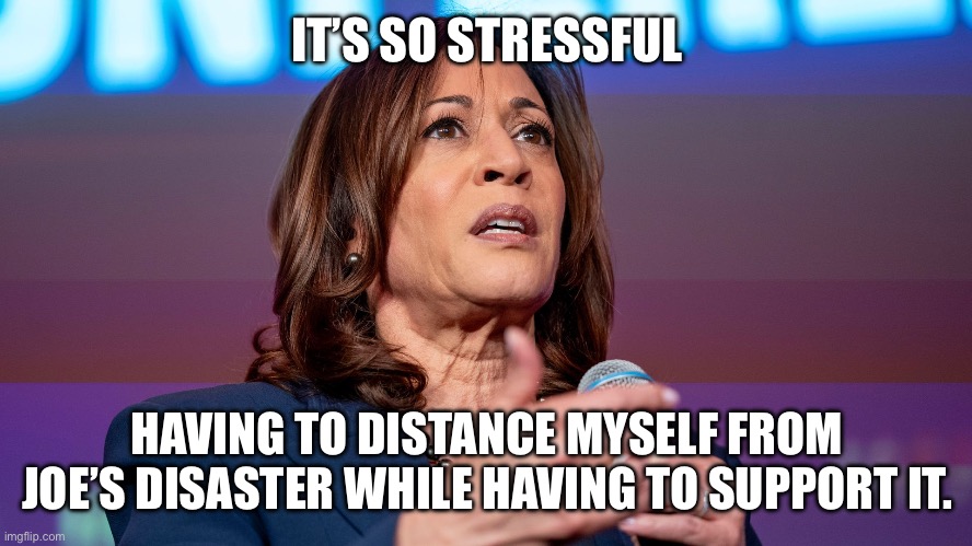 kamala worried | IT’S SO STRESSFUL HAVING TO DISTANCE MYSELF FROM JOE’S DISASTER WHILE HAVING TO SUPPORT IT. | image tagged in kamala worried | made w/ Imgflip meme maker