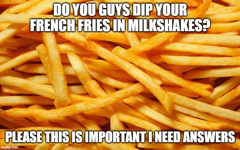 I need answers please help | DO YOU GUYS DIP YOUR FRENCH FRIES IN MILKSHAKES? PLEASE THIS IS IMPORTANT I NEED ANSWERS | image tagged in french fries,milkshake,questions,question | made w/ Imgflip meme maker