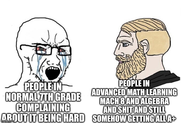 Soyboy Vs Yes Chad | PEOPLE IN NORMAL 7TH GRADE COMPLAINING ABOUT IT BEING HARD PEOPLE IN ADVANCED MATH LEARNING MACH 8 AND ALGEBRA AND SHIT AND STILL SOMEHOW GE | image tagged in soyboy vs yes chad | made w/ Imgflip meme maker