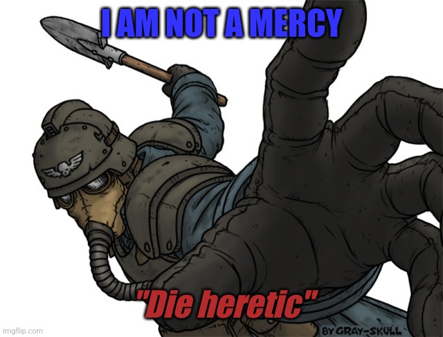 No mercy | I AM NOT A MERCY; "Die heretic" | image tagged in warhammer krieg | made w/ Imgflip meme maker