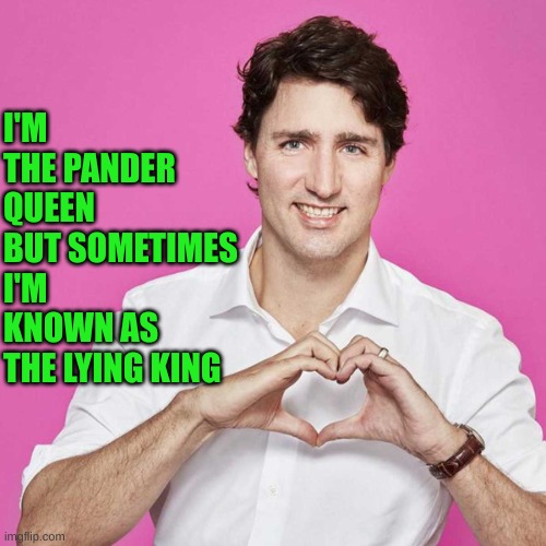 Trudeau | I'M THE PANDER QUEEN BUT SOMETIMES I'M KNOWN AS THE LYING KING | image tagged in trudeau | made w/ Imgflip meme maker