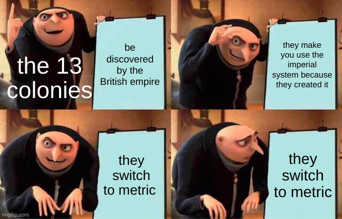 this is what I know from memory please correct me if I am wrong | be discovered by the British empire; they make you use the imperial system because they created it; the 13 colonies; they switch to metric; they switch to metric | image tagged in memes,gru's plan | made w/ Imgflip meme maker