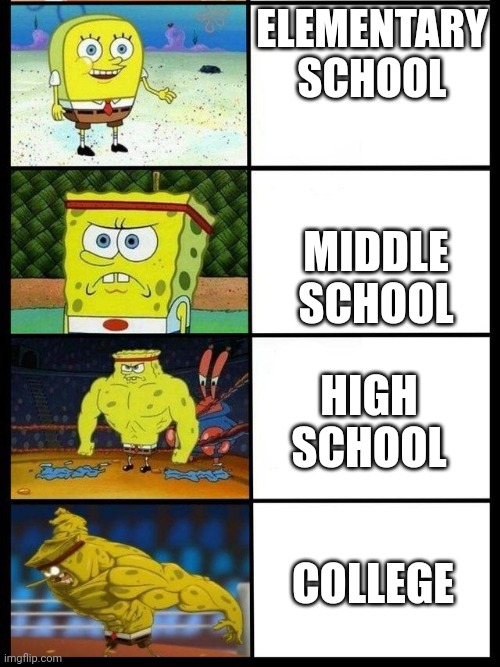 SpongeBob Gets Buffer | ELEMENTARY SCHOOL; MIDDLE SCHOOL; HIGH SCHOOL; COLLEGE | image tagged in spongebob gets buffer | made w/ Imgflip meme maker