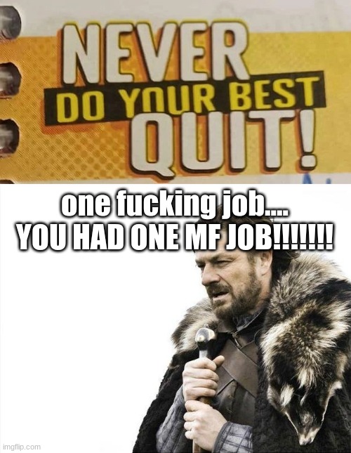 ONE JOB!!!!!!!!!!!!!!!!!!!!!!!!!!!!!!!11 | one fucking job.... YOU HAD ONE MF JOB!!!!!!! | image tagged in memes,brace yourselves x is coming | made w/ Imgflip meme maker