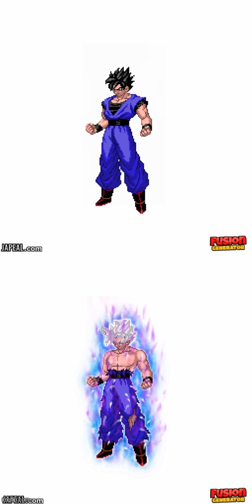 gokan: Gohan/Goku fusion, base and ultra instinct | image tagged in dbz,fusion | made w/ Imgflip meme maker