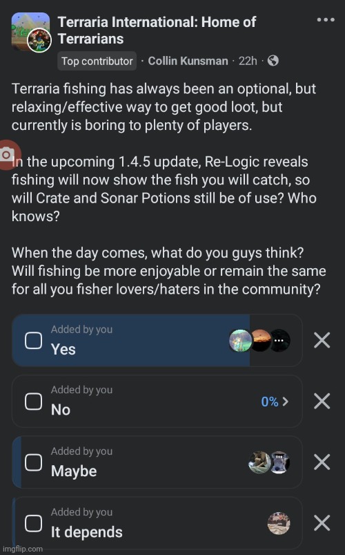 So, what do you guys think? | image tagged in terraria,video games,polls,facebook,screenshot | made w/ Imgflip meme maker