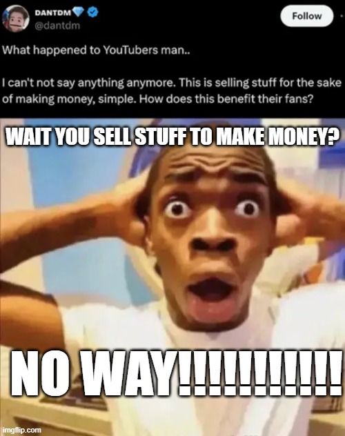 WAIT YOU SELL STUFF TO MAKE MONEY? NO WAY!!!!!!!!!!! | image tagged in flight reacts | made w/ Imgflip meme maker