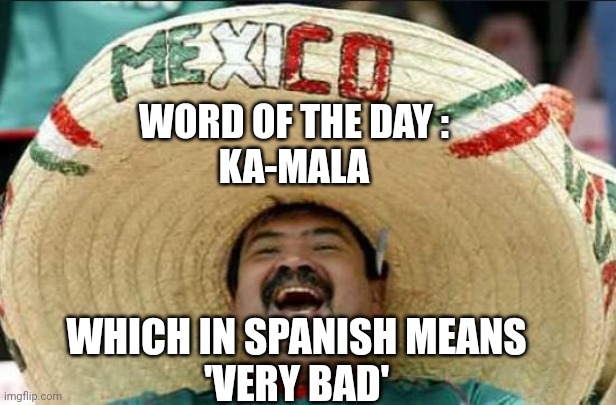 Que Mala is Kamala | WORD OF THE DAY :
KA-MALA; WHICH IN SPANISH MEANS
'VERY BAD' | image tagged in mexican word of the day,leftists,liberals,democrats | made w/ Imgflip meme maker