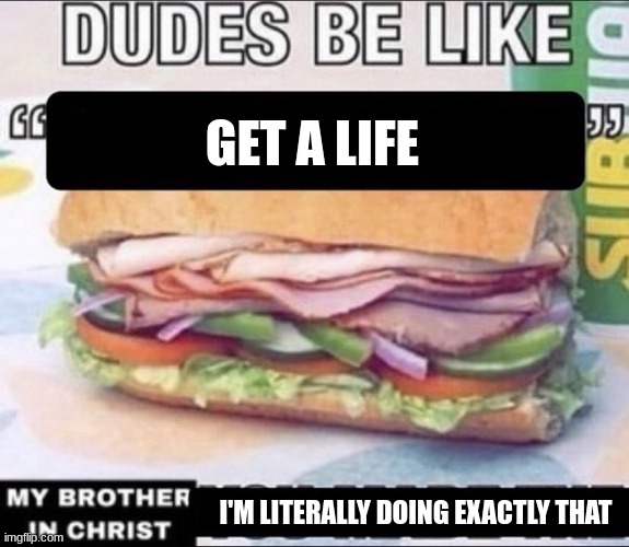 Dudes Be Like X My Brother in Christ Y | GET A LIFE I'M LITERALLY DOING EXACTLY THAT | image tagged in dudes be like x my brother in christ y | made w/ Imgflip meme maker