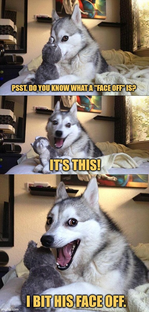 Face Off | PSST. DO YOU KNOW WHAT A "FACE OFF" IS? IT'S THIS! I BIT HIS FACE OFF. | image tagged in memes,bad pun dog | made w/ Imgflip meme maker