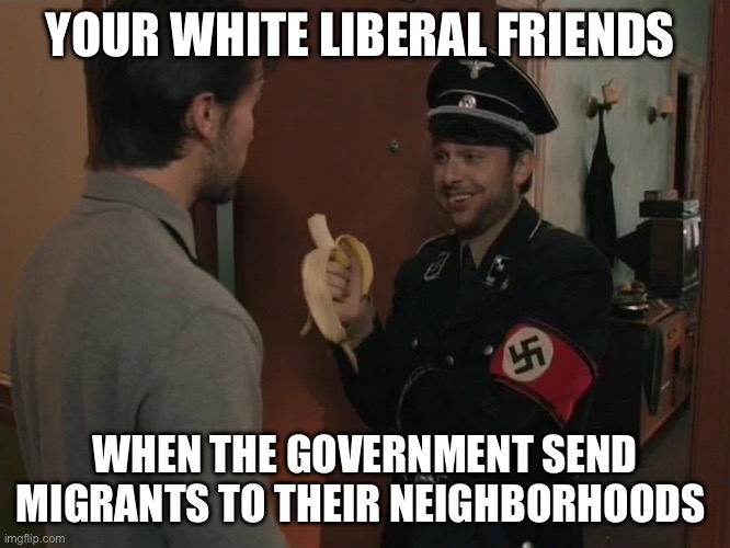 Illegal | YOUR WHITE LIBERAL FRIENDS; WHEN THE GOVERNMENT SEND MIGRANTS TO THEIR NEIGHBORHOODS | image tagged in nazi charlie day,liberals,illegal immigration,politics,political meme,democrats | made w/ Imgflip meme maker