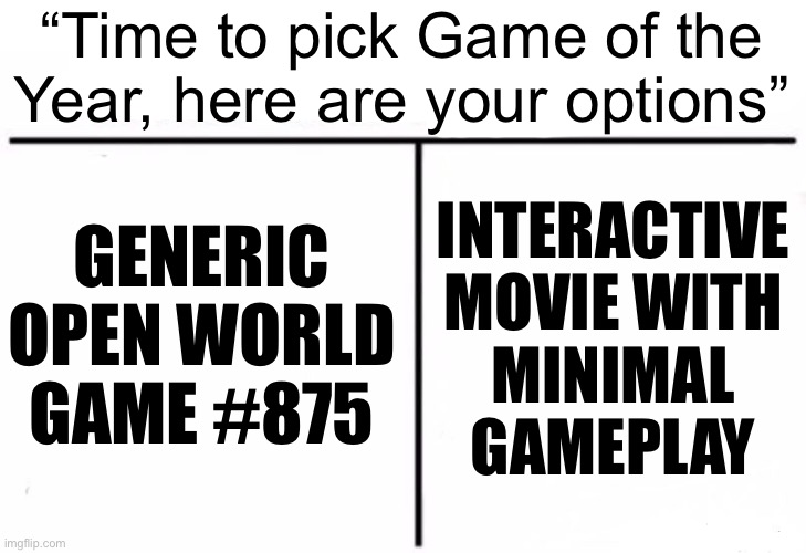 Who Would Win? Meme | “Time to pick Game of the Year, here are your options”; INTERACTIVE
MOVIE WITH
MINIMAL
GAMEPLAY; GENERIC OPEN WORLD GAME #875 | image tagged in memes,who would win | made w/ Imgflip meme maker