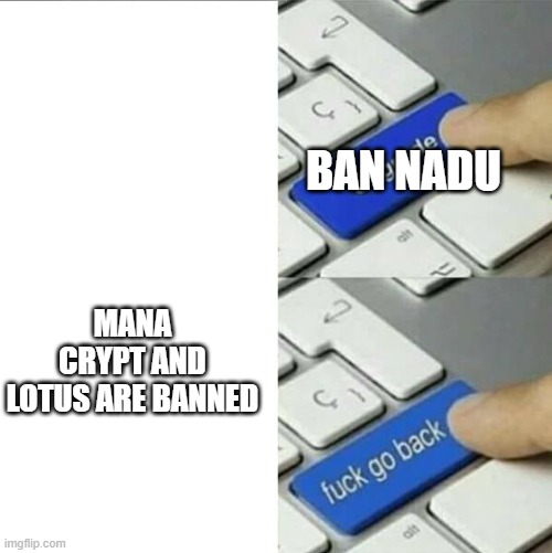 Upgrade go back | BAN NADU; MANA CRYPT AND LOTUS ARE BANNED | image tagged in upgrade go back | made w/ Imgflip meme maker